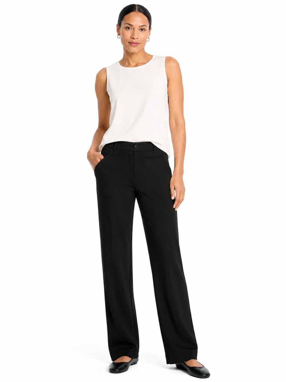 Eileen Fisher Black Stretch Straight Wide Leg Pants Trousers M 32” Inseam